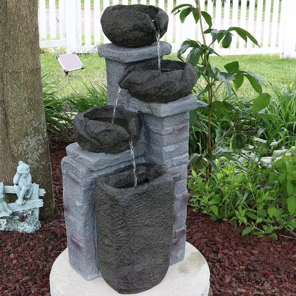 30 In. Resin Bowls Solar with Battery Backup Cascading Water Fountain with LED Light