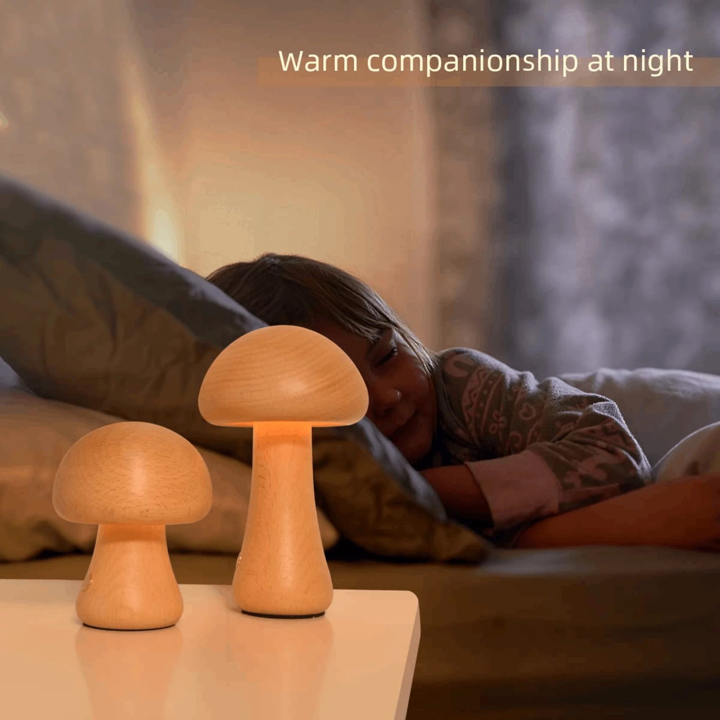 Mushroom Table Lamp, Dimmable LED Creative Wood Desk Lamp with USB Charging for Home Decor