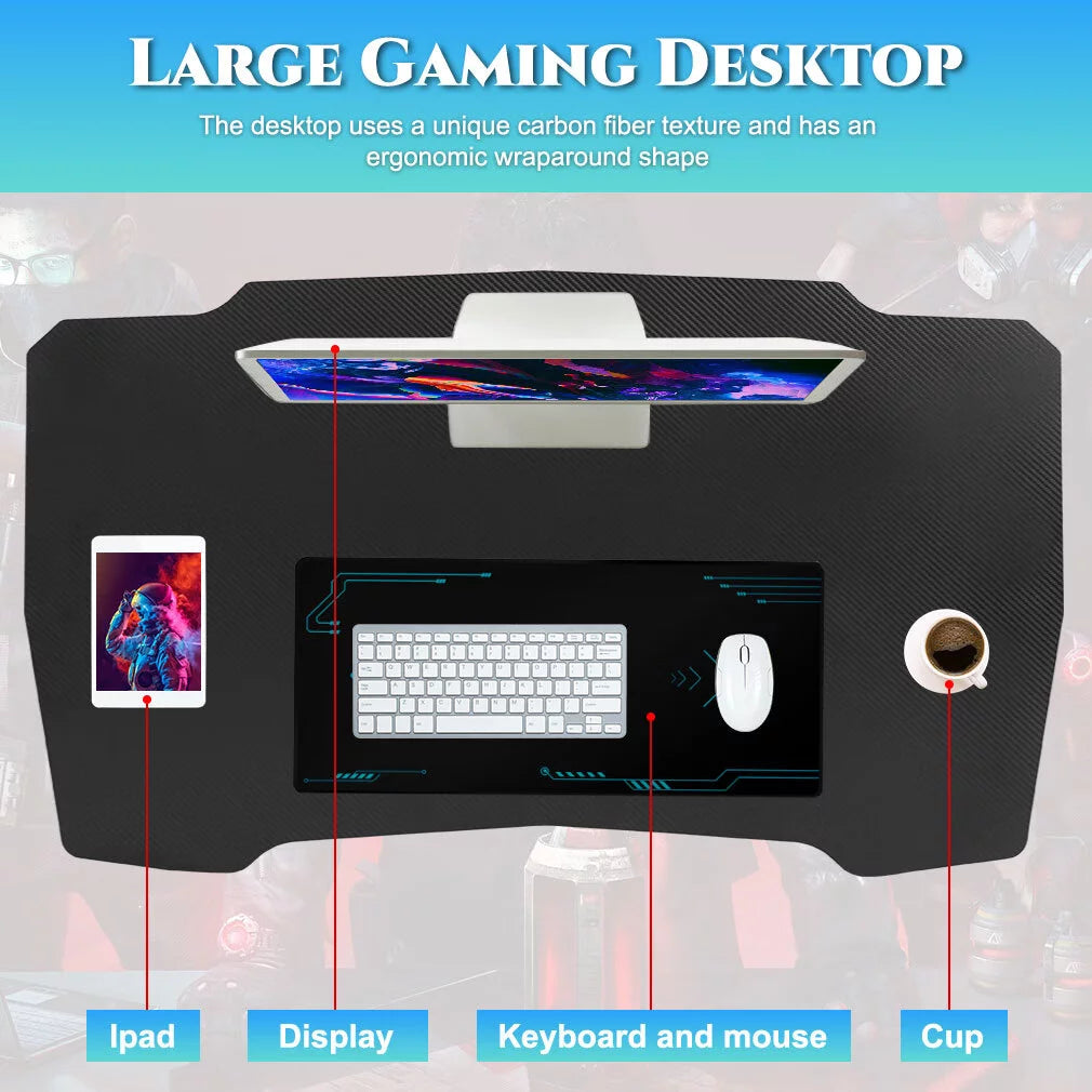 Gaming Desk Z Shaped 39In Computer Gaming Workstation Ergonomic Gaming Table with Headphone Hook for Game Players, Blue