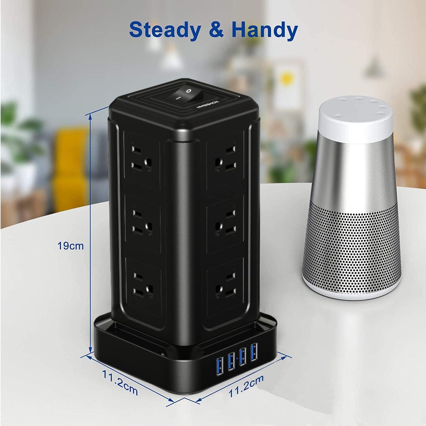 Surge Protector Power Strip Tower with 12 Outlets 4 USB Ports, 10Ft Long Extension Cord Power Strips Desk Powerstrip Charging Tower, Overload Protection Fire Proof for Home Office Dorm-Black