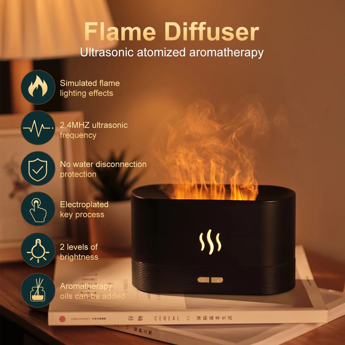 Ultrasonic Humidifier with 7 Colors Flame Lights, Essential Oil Diffuser, White