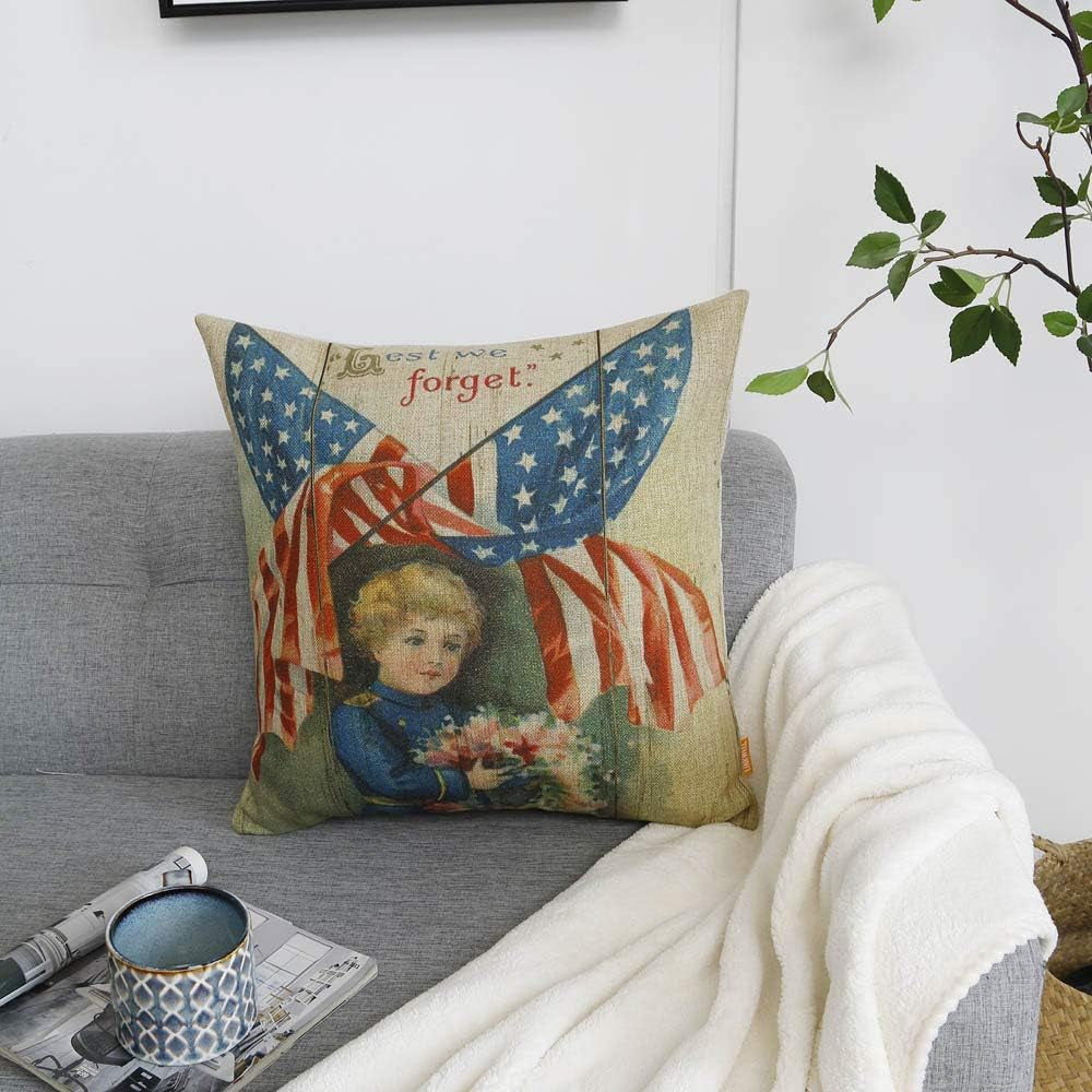 4Th of July Throw Pillow Cover 18 X 18 Inches Memorial Day Decorative Cushion Case Home Living Room Bed Sofa Car Cotton Linen Square CC1745