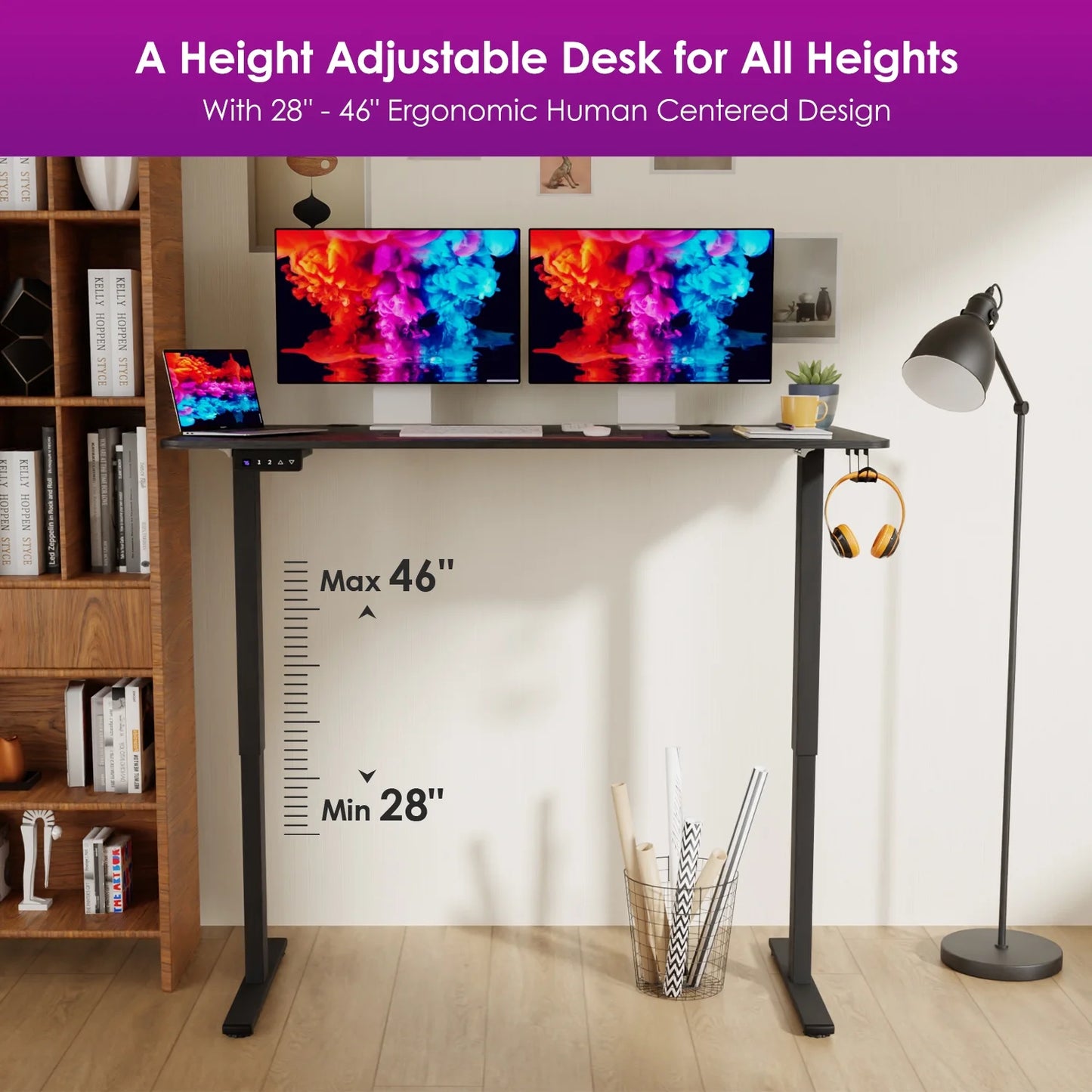 Height Adjustable Standing Desk 48X24 Inch, Electric Stand up Desk Raising Desk Ergonomic Desk Large Standing Desk with Headphone Holder & 2 Memory Function Work Desk for Home Office, Black