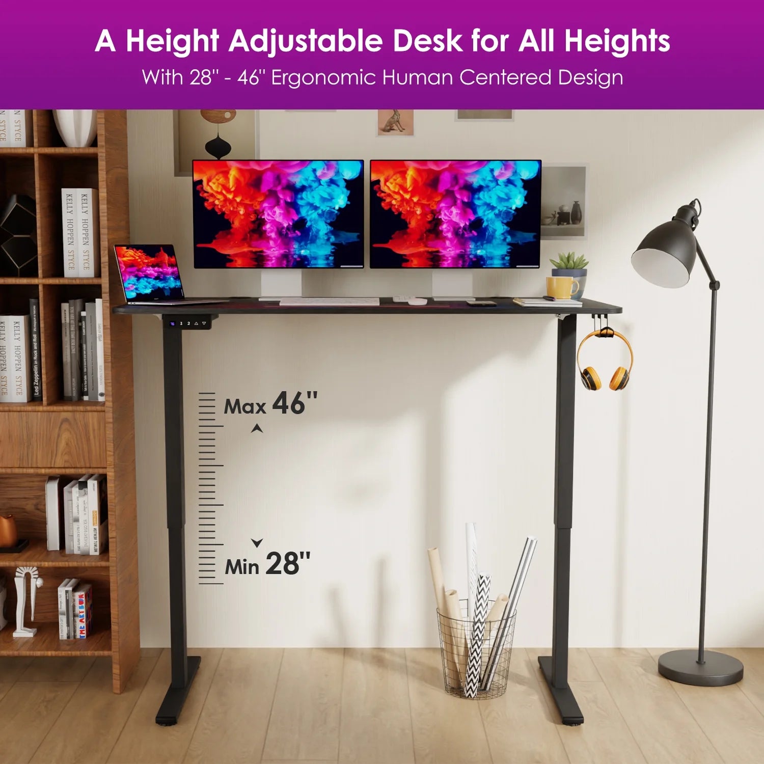 Height Adjustable Standing Desk 48X24 Inch, Electric Stand up Desk Raising Desk Ergonomic Desk Large Standing Desk with Headphone Holder & 2 Memory Function Work Desk for Home Office, Black