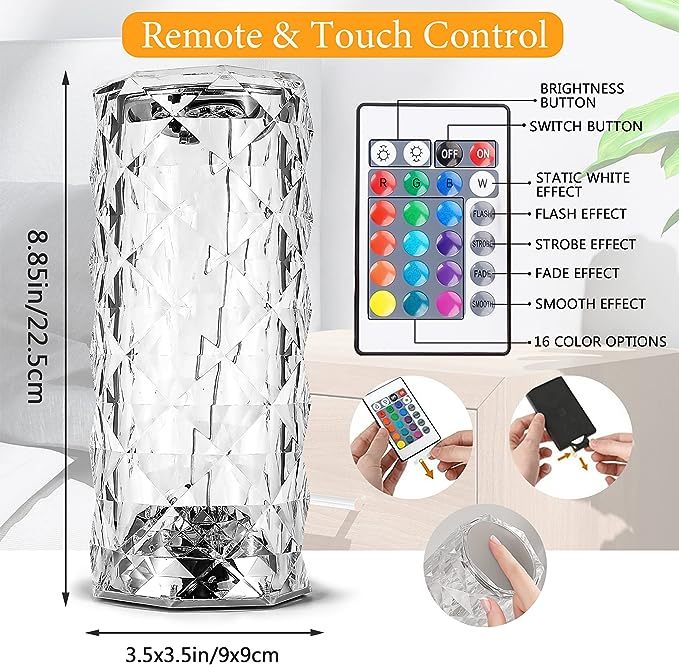 16 Colors LED Crystal Lamp Rose Light Touch Table Lamps Bedroom