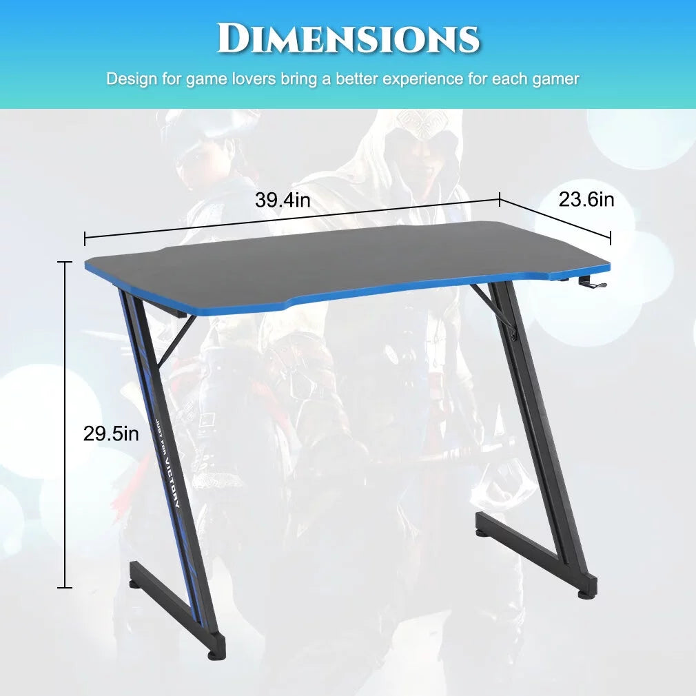 Gaming Desk Z Shaped 39In Computer Gaming Workstation Ergonomic Gaming Table with Headphone Hook for Game Players, Blue