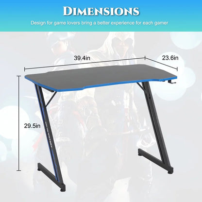 Gaming Desk Z Shaped 39In Computer Gaming Workstation Ergonomic Gaming Table with Headphone Hook for Game Players, Blue
