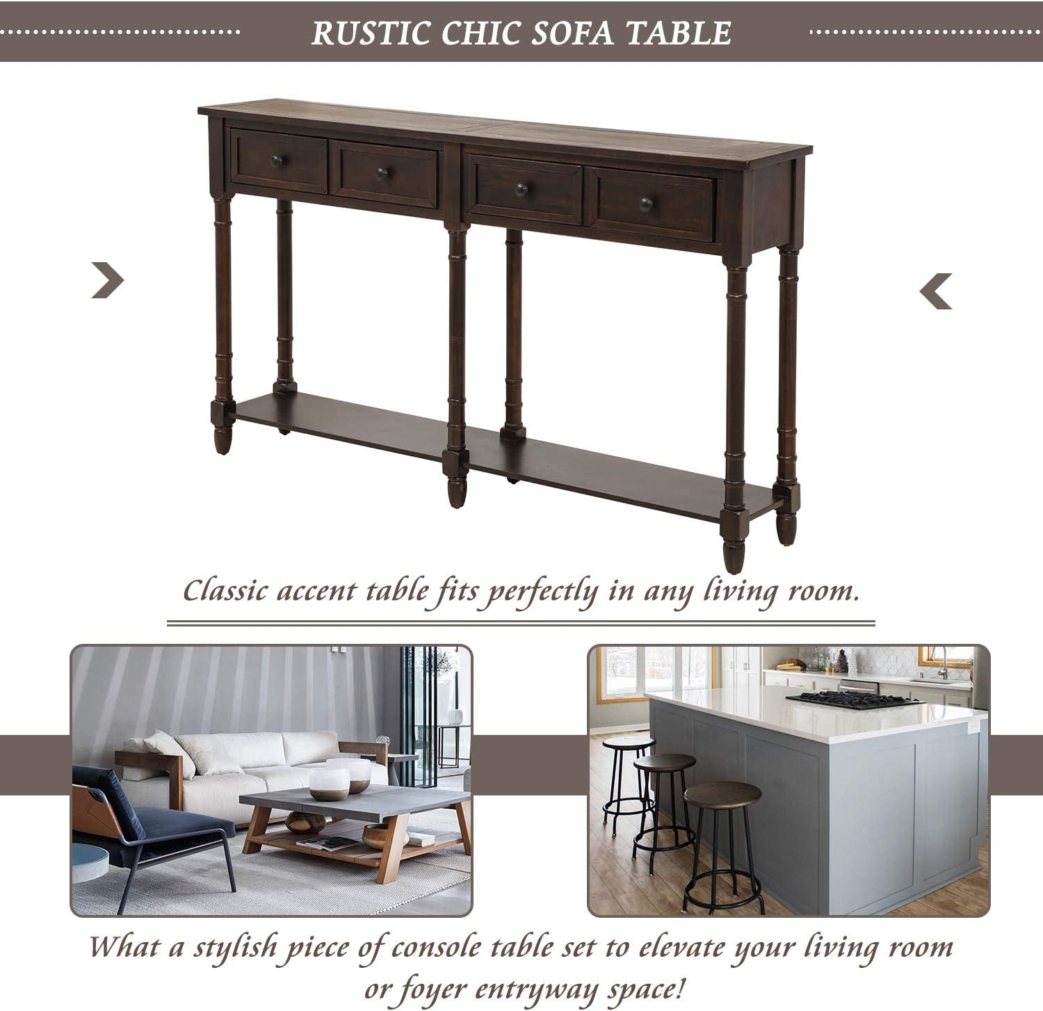 Retro Console Table Sofa Table for Entryway with Drawers and Shelf Living Room Table (Espresso)