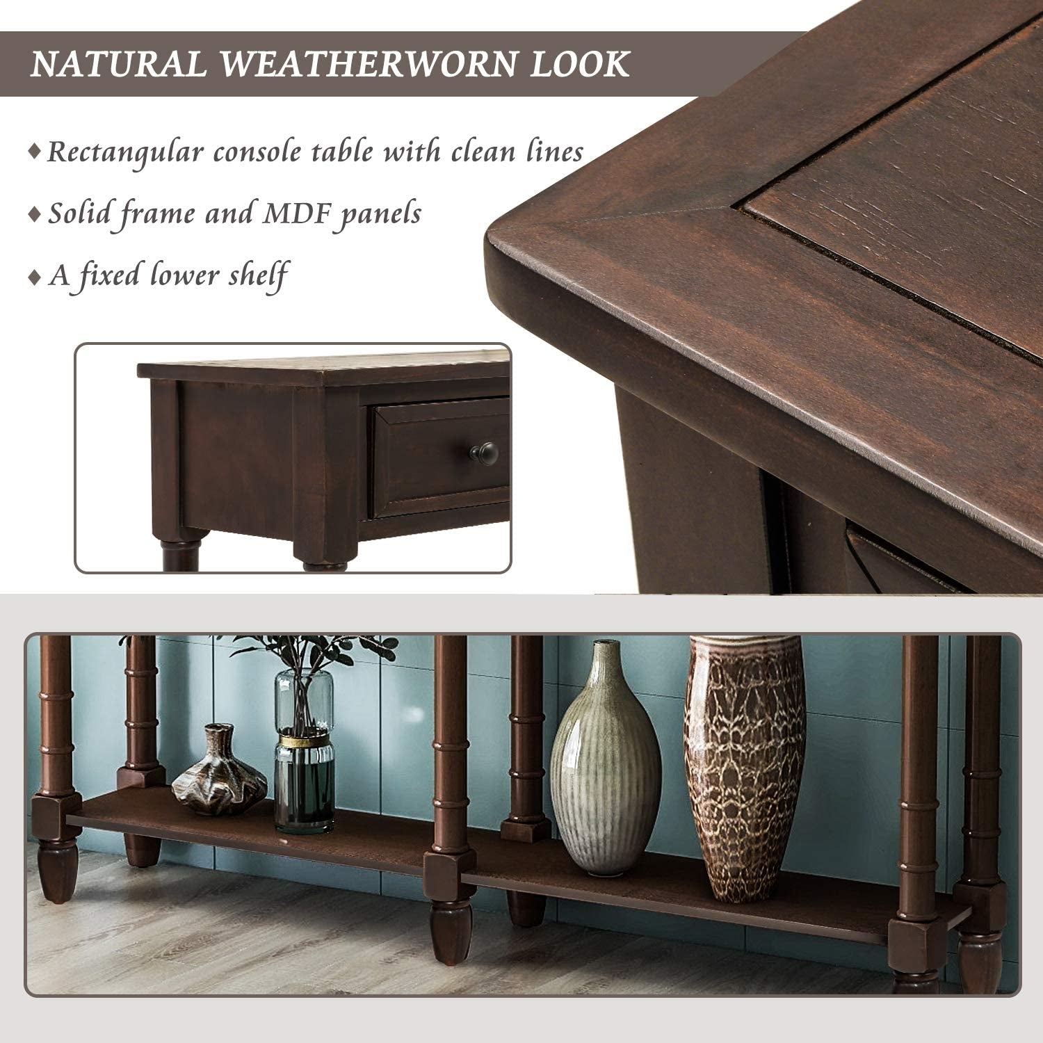 Retro Console Table Sofa Table for Entryway with Drawers and Shelf Living Room Table (Espresso)