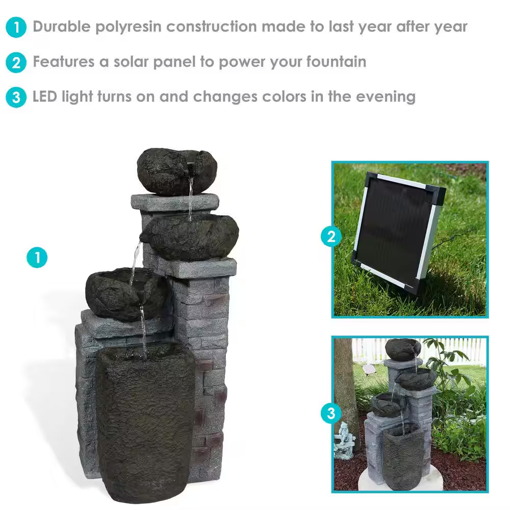 30 In. Resin Bowls Solar with Battery Backup Cascading Water Fountain with LED Light