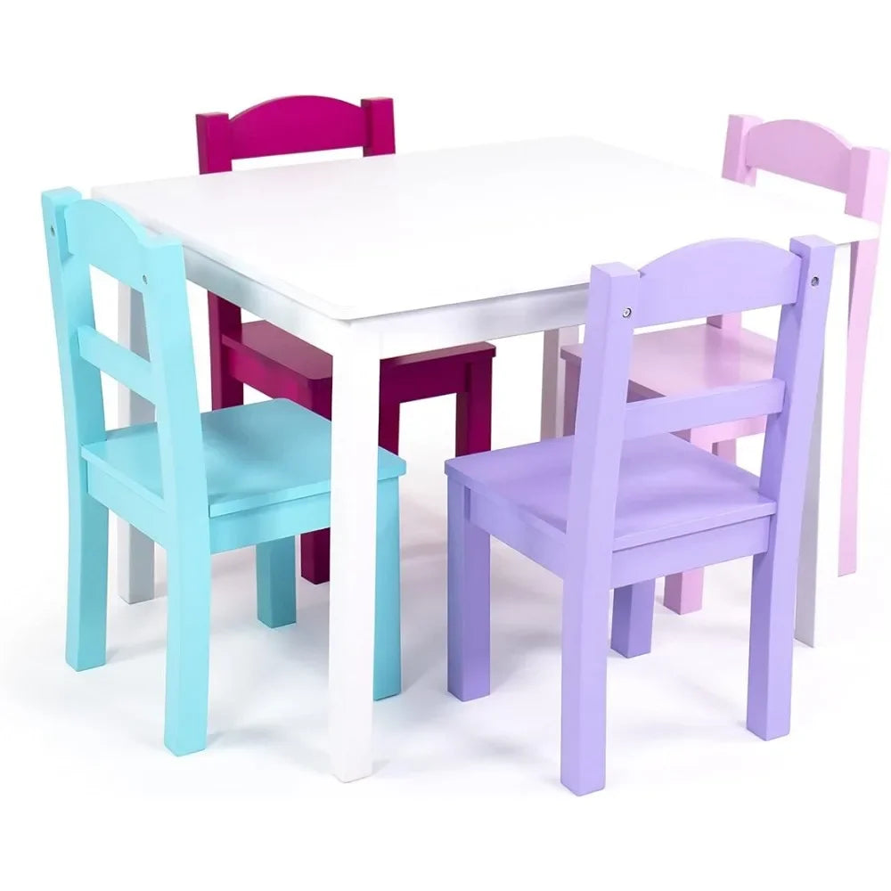 Kids Wood Table and Chair Set (4 Chairs Included) - Ideal for Arts & Crafts, Snack Time, Homeschooling,White, Pink, Purple