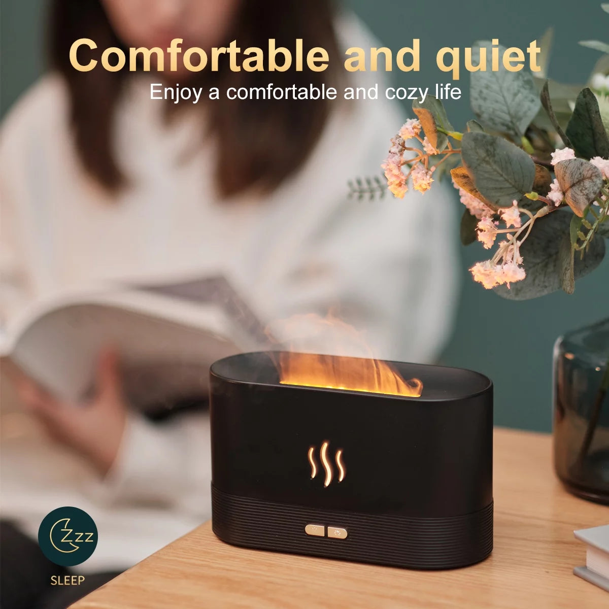 Ultrasonic Humidifier with 7 Colors Flame Lights,Essential Oil Diffuser,Black