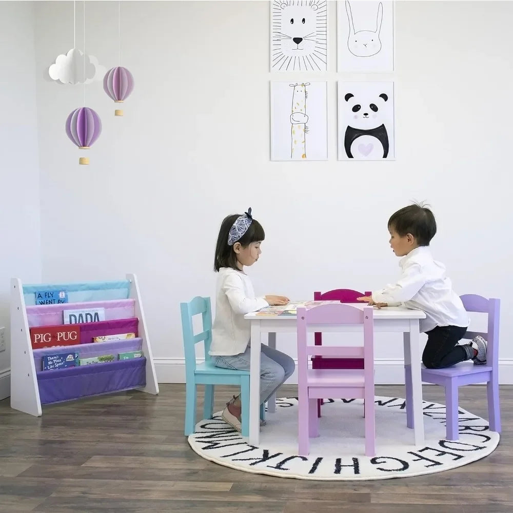 Kids Wood Table and Chair Set (4 Chairs Included) - Ideal for Arts & Crafts, Snack Time, Homeschooling,White, Pink, Purple