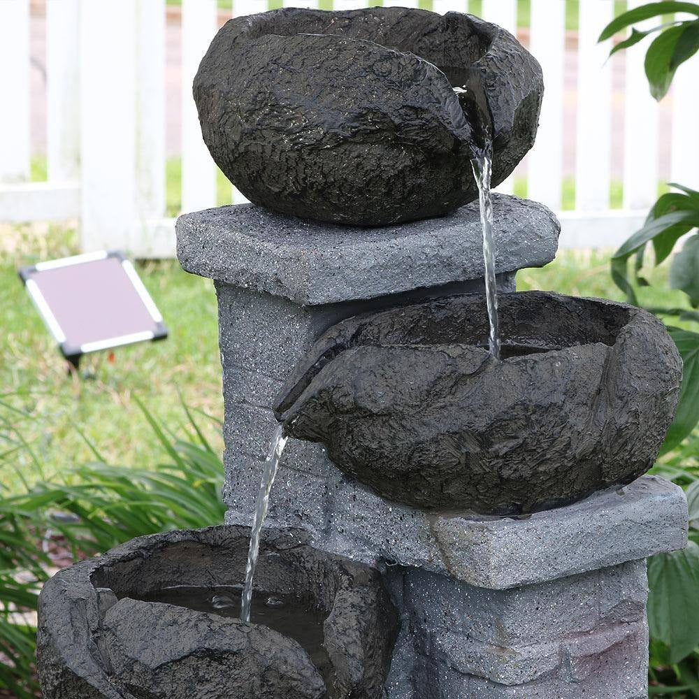 30 In. Resin Bowls Solar with Battery Backup Cascading Water Fountain with LED Light