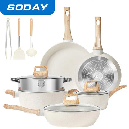 SODAY 12Pcs Pots and Pans Set Non Stick Kitchen Cookware Sets Induction Cookware Nonstick Granite Cooking Set with Frying Pans, Saucepans, Steamer Silicone Shovel Spoon & Tongs (Black)Nonstick Pots Aluminium