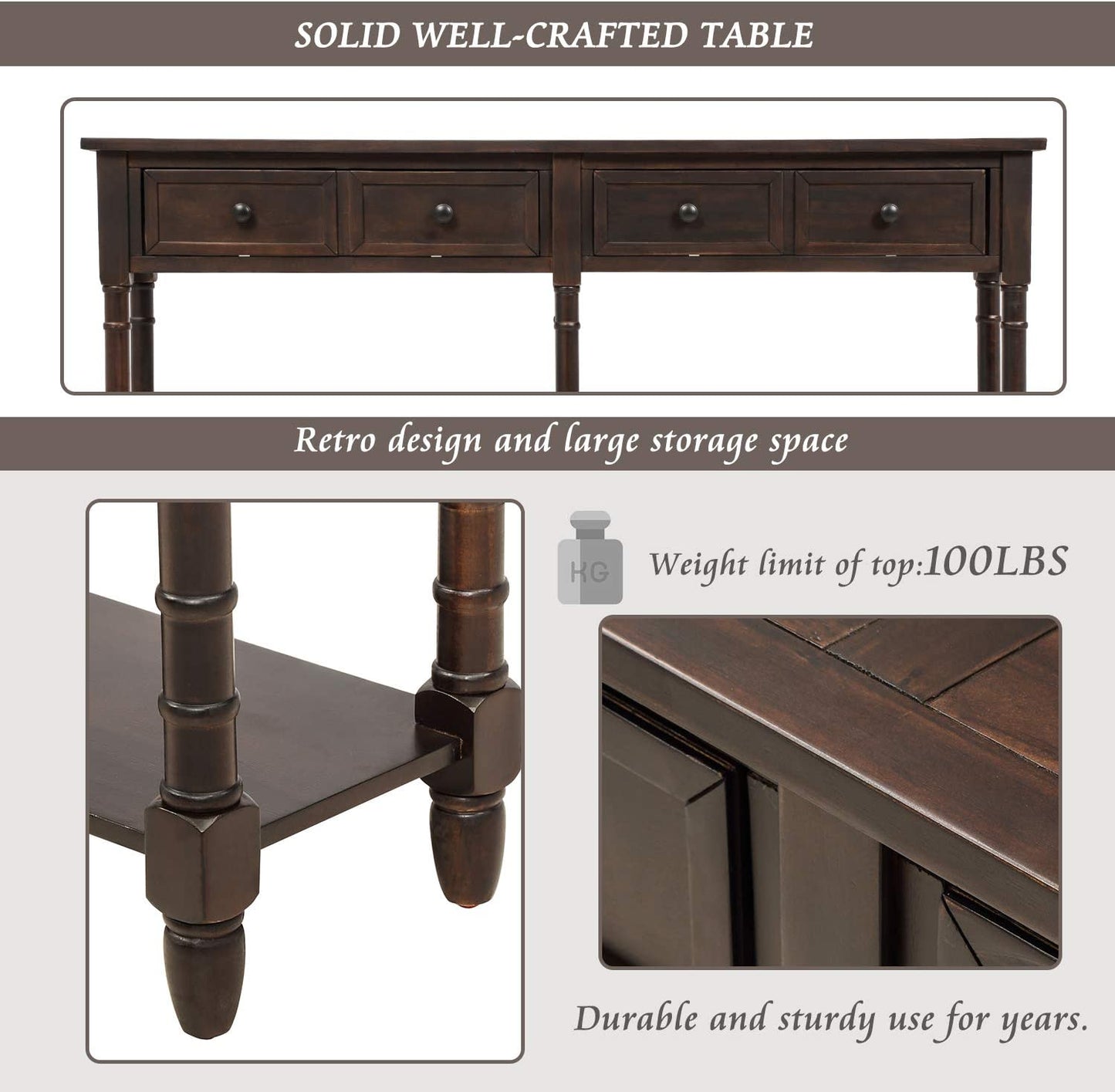 Retro Console Table Sofa Table for Entryway with Drawers and Shelf Living Room Table (Espresso)