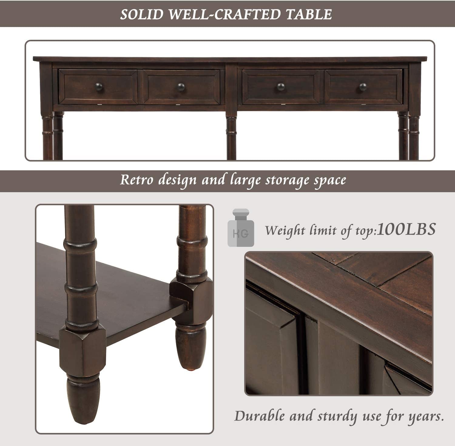 Retro Console Table Sofa Table for Entryway with Drawers and Shelf Living Room Table (Espresso)