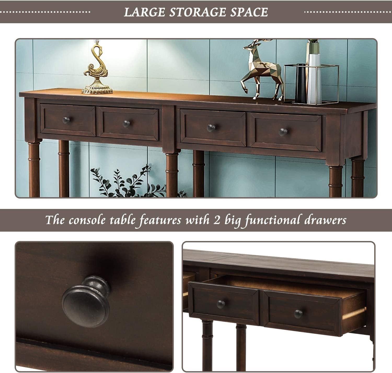 Retro Console Table Sofa Table for Entryway with Drawers and Shelf Living Room Table (Espresso)
