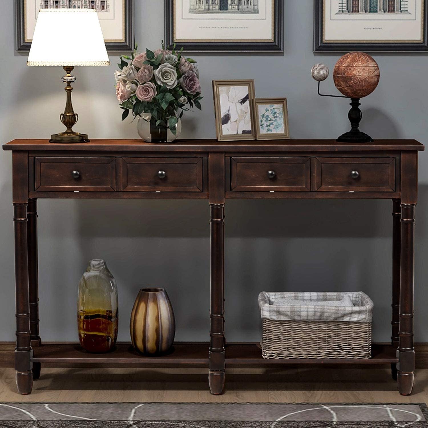 Retro Console Table Sofa Table for Entryway with Drawers and Shelf Living Room Table (Espresso)