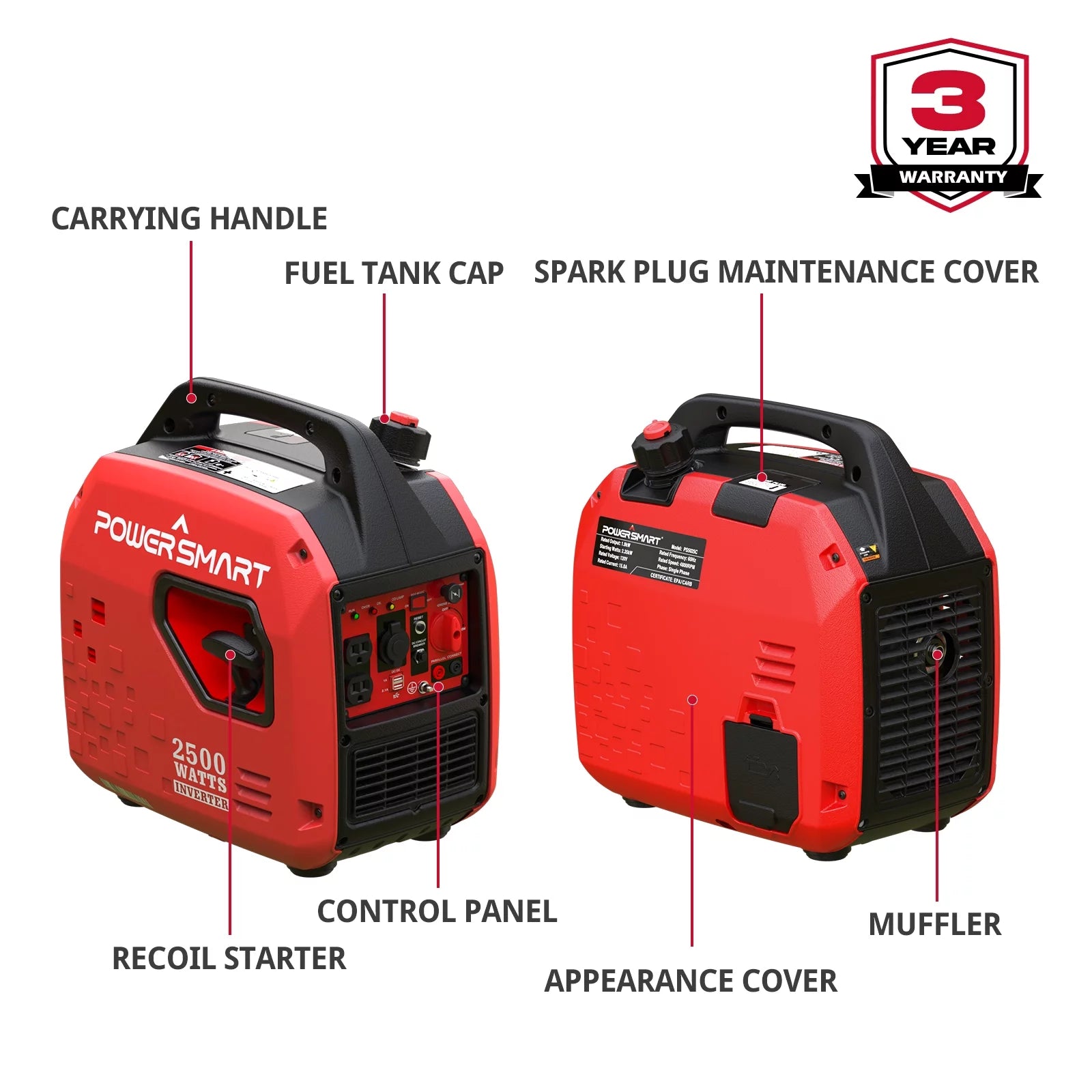 2500W Portable Inverter Gas Generator,Super Quiet,Low Oil Shutdown,Ultra Lightweight for Camping