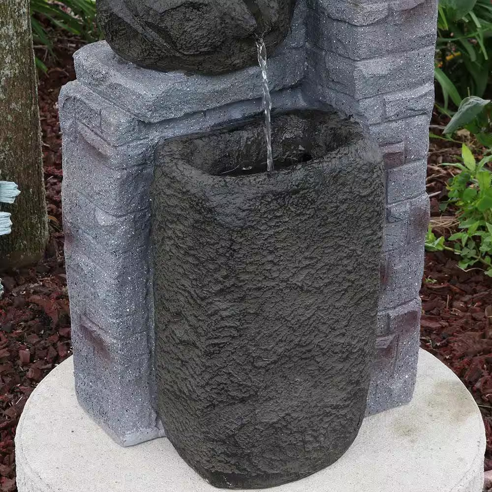30 In. Resin Bowls Solar with Battery Backup Cascading Water Fountain with LED Light
